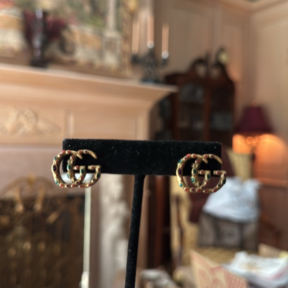 Gucci Gold Double G Crystal Stud Earrings signed in back - Picture 2 of 4